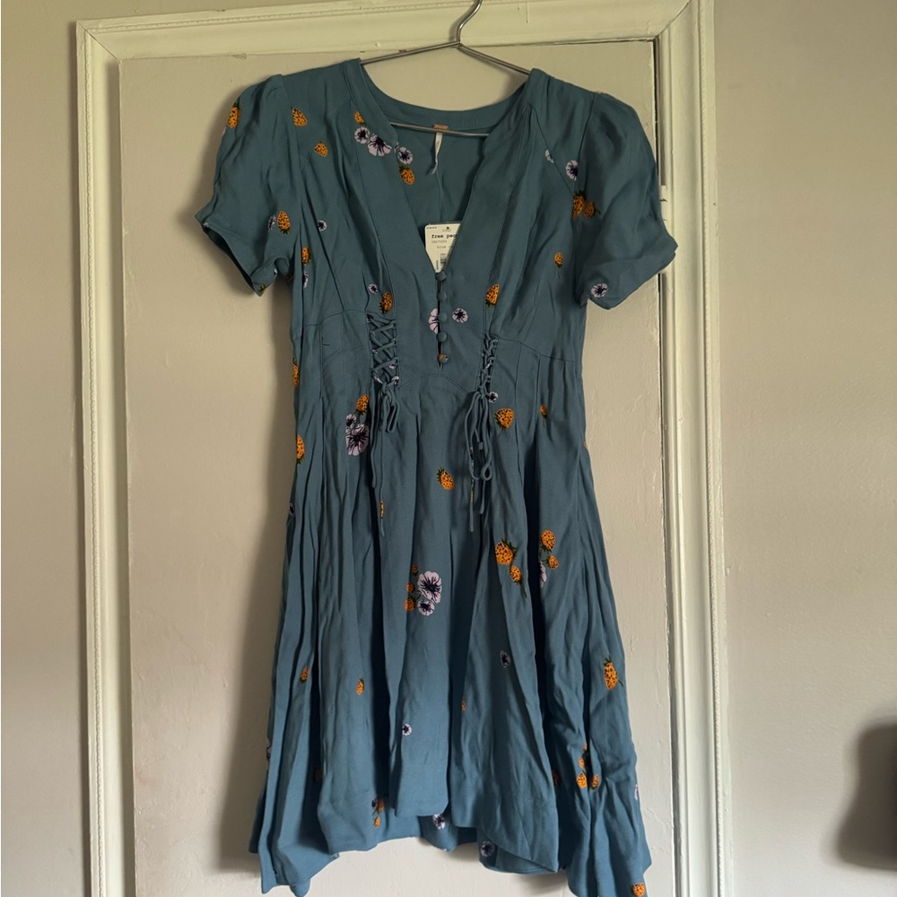 Free People Blue Puff Sleeve Strawberry Sundress